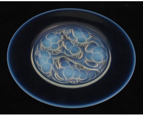 A Rene Lalique "Marienthal" pattern moulded opalescent glass dessert plate circa 1927, moulded cherries to underside of round