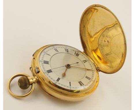 An 18ct pocket watch with white enamel dial with black Roman numerals, gold hour and minute hands and black seconds hand. Hal