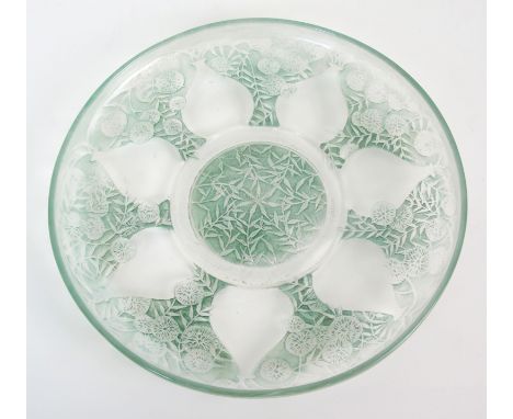 A Rene Lalique "Vases No.2" pattern moulded glass plate with green patina circa 1921, seven ovoid vases border foliate circle