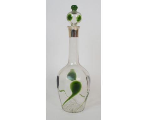 An Art Nouveau glass and silver decanter tapering baluster-form clear glass decanter with green teardrops to body and knop fi