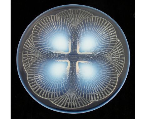 A Rene Lalique "Coquilles" pattern moulded opalescent glass footed plate circa 1920, four moulded opalescent shells to unders