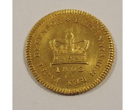 1803 George III gold Third Guinea almost extremely fine, rare in this condition, two small dents to neck of bust