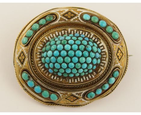 A Victorian enamel and turquoise set brooch enamelled in black and white to the fine wirework and engraved ground, with pave 