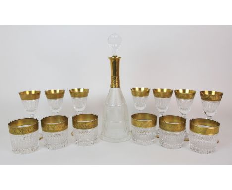 A suite of Stuart crystal "Monarch" pattern wine stems and tumblers, with a Moser decanter comprising seven wine stems and si