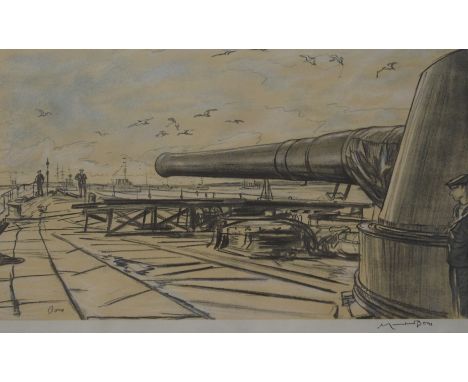 •SIR DAVID MUIRHEAD BONE HRSA, HRWS, HRIBA, HRE, LLB, D Litt (Scottish 1876 - 1953) ON A BATTLESHIP: A GUN TURRET, PART OF TH