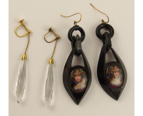 A pair of briolette cut rock crystal drop earrings with chain linking to screw ear fittings, length of drop 55mm, together wi