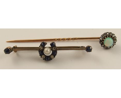 A yellow metal horse shoe brooch set with diamonds, sapphires and a pearl approx length 45mm and an opal and diamond set pin