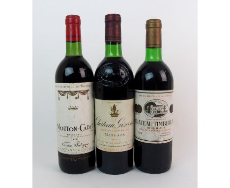 Three bottles of red wine from France comprising Chateau Timberlay Bordeaux 1978, 75cl, volume not stated; Chateau Giscours M