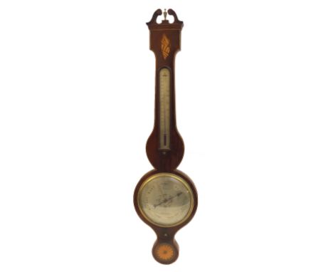 A mahogany and satinwood inlaid wheel barometer and thermometer the dial inscribed to J Dunn, Edinburgh, with shell inlaid me