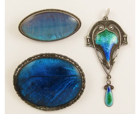 A silver and enamel Art Nouveau pendant by James Fenton & Co, approx dimensions 57mm x 25mm, together with a silver mounted b