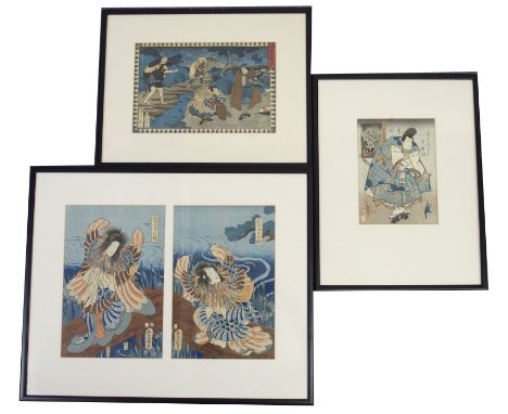 TOYOKUNI III (Kunisada) Diptych, woodblock print, 34 x 22cm each, Toyokuni III, Actor and frog, 24 x 18cm, Kunimara Loyal Sam