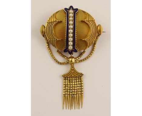 A Victorian yellow metal locket back brooch  with chain festoon pendant, wire and grain decoration, and a central panel of bl