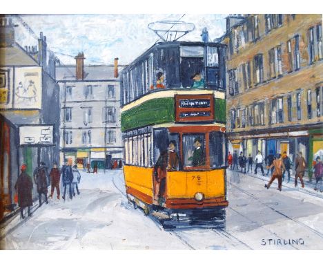 •BETTY M STIRLING (Scottish Fl. 1965) GREEN TRAM, PARKHEAD Oil on panel, signed, 14 x 19cm (5 1/2 x 7 1/2") T & R Annan & Son