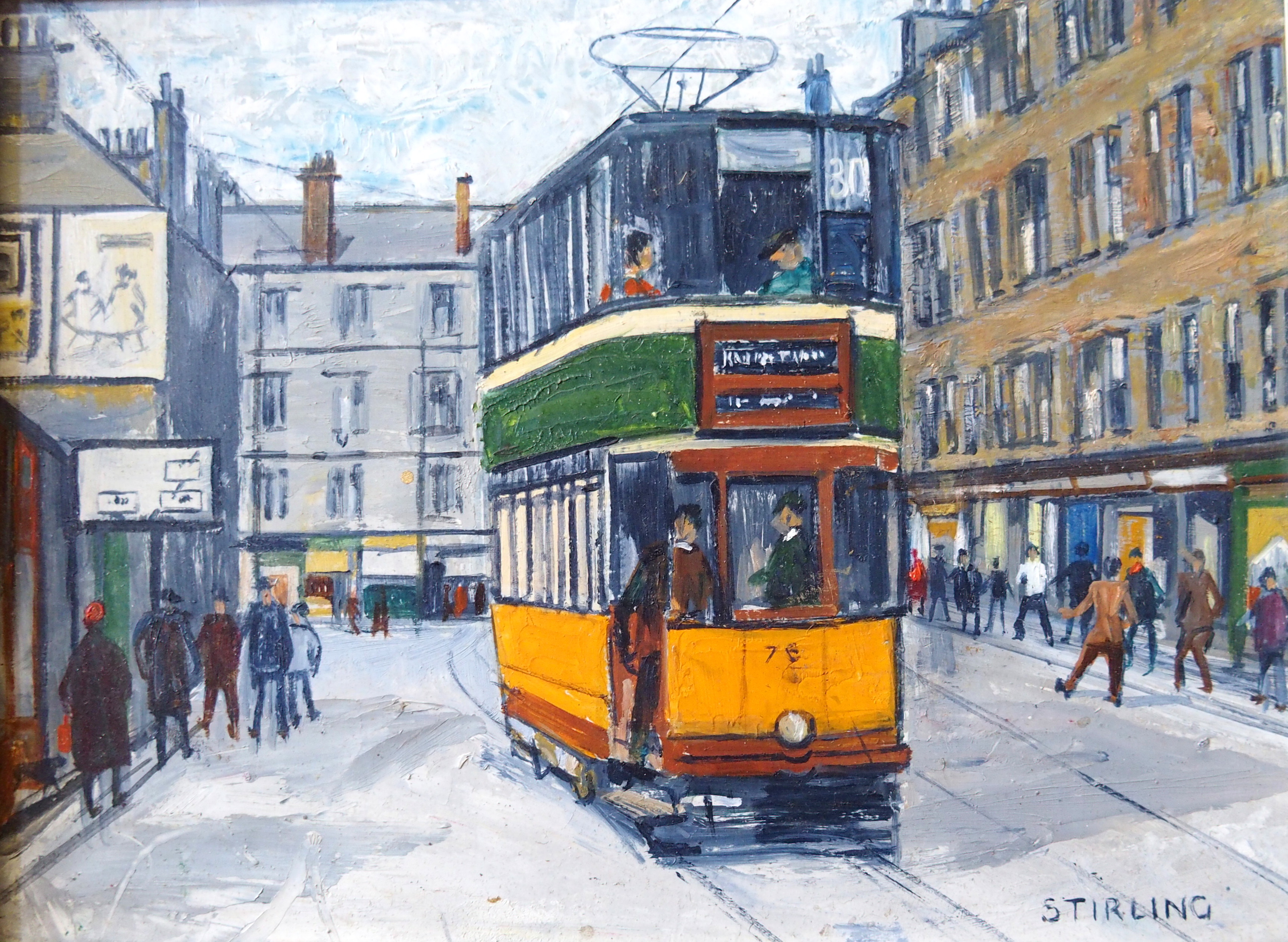 •BETTY M STIRLING (Scottish Fl. 1965) GREEN TRAM, PARKHEAD Oil On Panel ...