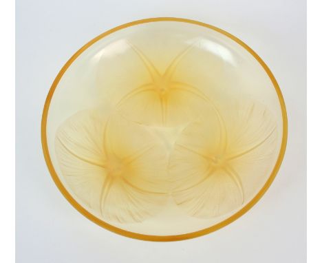 A Rene Lalique "Volubilis" pattern amber glass footed bowl circa 1921, three moulded starfish to underside of round footed bo