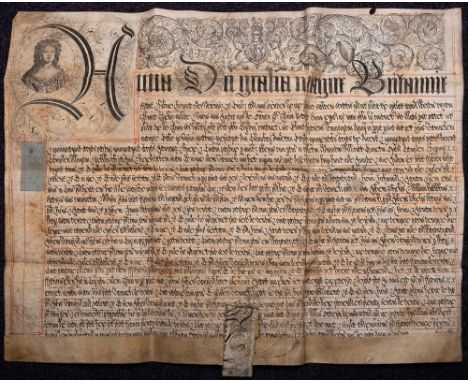 QUEEN ANNE ( 1665-1714 ) :  Large folded Indenture on vellum, written in Latin with a portrait of the Queen in the top corner