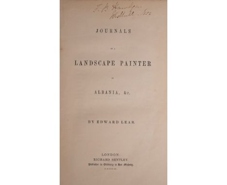 LEAR, Edward - Journals of a Landscape Painter in Albania, &c : org. blue cloth faded and a little soiled, map, 21 tinted lit