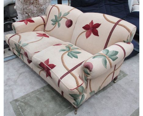 NINA CAMPBELL SOFA, with oatmeal and pomegranate patterned upholstery, 188cm L x 86cm H. (with faults)