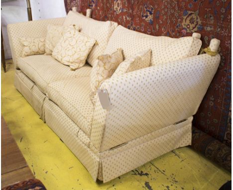 KNOLE SOFA, traditional style in patterned fabric with feather cushion, 100cm D x 95cm H x 225cm.