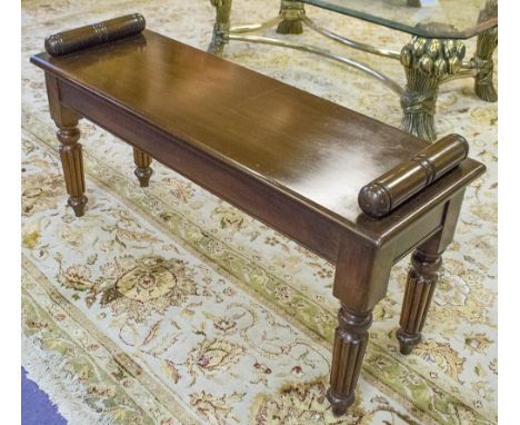 HALL BENCH, Regency style mahogany, rectangular with bolster handles and reeded tapering supports, 100cm W x 34cm D x 51cm H.
