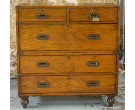 ARMY AND NAVY CAMPAIGN CHEST, English 19th century teak and brass bound with two short and three long drawers in two sections