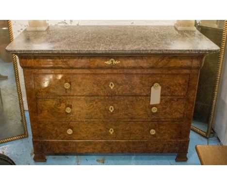 COMMODE, 19th century French Louis Philippe burr walnut with four long drawers and St Anne's variegated grey marble top, 130c
