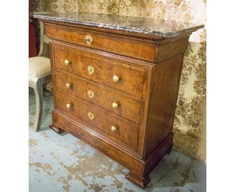 COMMODE, 19th century French Louis Philippe figured walnut of shallow proportions with four drawers and St Anne's variegated 