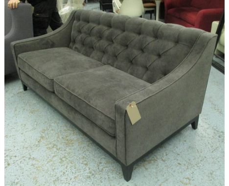 SOFA, two seater, deep buttoning in dark grey fabric with dark wooden plinth, 179cm L.