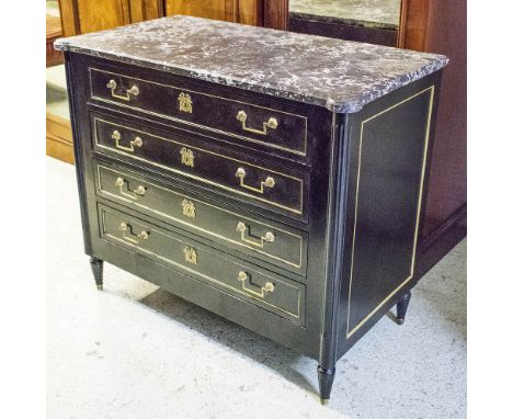 COMMODE, late 19th century Louis XVI style ebonised and brass mounted with grey marble top above four drawers, 89cm H x 106cm
