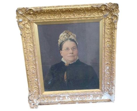 19th Century English School - Half length portrait of a lady wearing spectacles, watercolour, 45cms x 38cms in gilt gesso fra