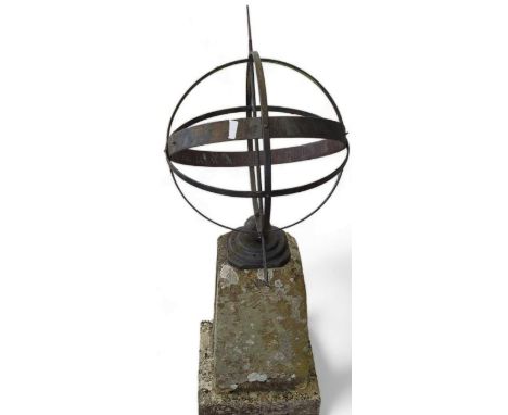 Metal garden sphere sundial on stone base, 105cm, 40cm, 40cm approximately