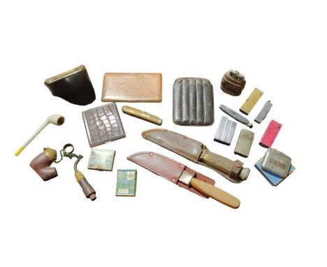 A quantity of assorted items including pipes, hunting knives, table lighter etc