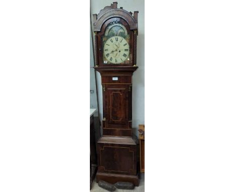 An early 19th Century eight day longcase clock having arched painted dial with moon phase in the arch and subsidiary seconds 