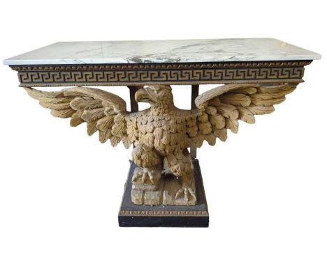 A console table having rectangular grey marble top on large carved wood eagle support and painted wood base, 93cms high, 129c