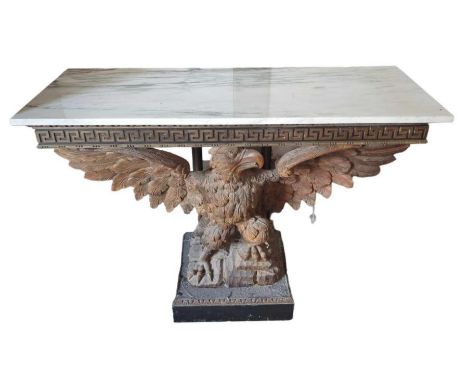 A console table having rectangular grey marble top on large carved wood eagle support and painted wood base, 93cms high, 129c
