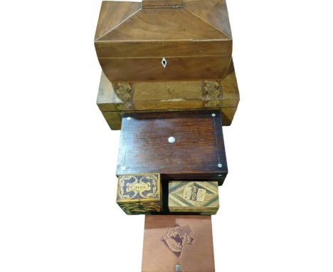 A Regency rosewood and mother of pearl inlaid sewing box, a Victorian Tunbridgeware writing box, George III mahogany tea cadd