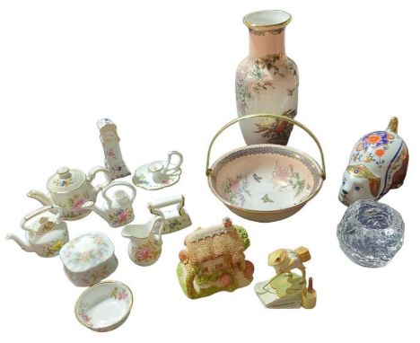 A quantity of Hammersley miniature pottery items, Lilliput Lane cottage, Beatrix Potter Jeremy Fisher and other items