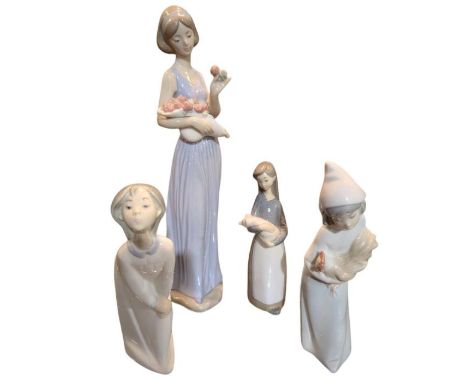 A tall Nao figure of a girl holding a basket of flowers, 33cms high together with three Lladro figures (4)