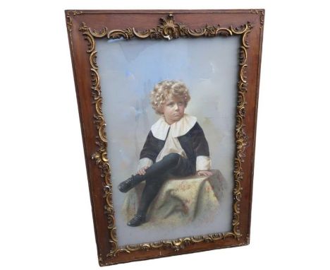 19th century German over-painted pastel print portrait of a young boy seated, signed lower right 98 x 59.5cm