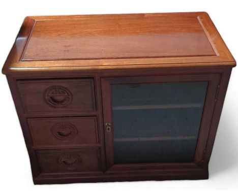 A contemporary Chinese hardwood console, with glazed doors and three graduated drawers, 91cm, 50.5cm, 72cm