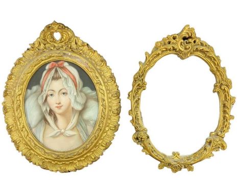 English school, 19th century portrait of a girl wearing a bonnet, pastels in colours in a gilt gesso wooden frame, 39cm x 32c