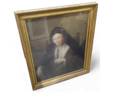 Pastel portrait study of a nun, unsigned, in a 19th century gilt frame, 88.5x73.5cm 