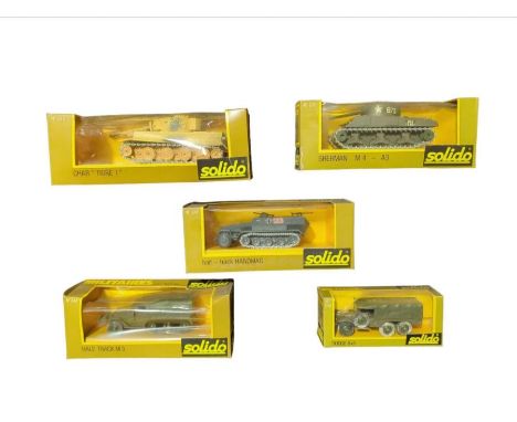 SOLIDO - five boxed military models including no.231 Sherman tank, no.244 Half Track M3 (5)