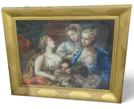 An 18th century Continental pastel portrait study of classical group, depicting three females and a young boy, the boy writin