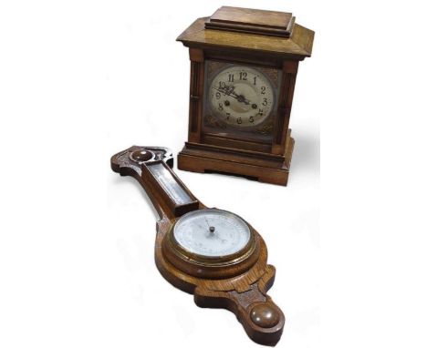 Edwardian oak cased mantle clock and a oak cased wall barometer (2)