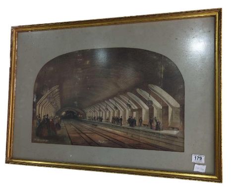 A framed 19th Century coloured print of Baker Street underground station, 36cms x 57cms