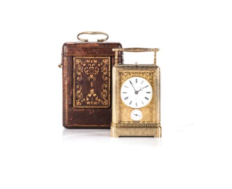 A SWISS BRASS REPEATER CARRIAGE CLOCK AND CASE, AUBERT & KLAFTENBERGER, GENEVA, WITH ORIGINAL LEATHER CARRYING CASE, 19TH CEN