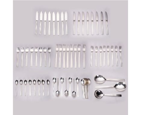 A GEORG JENSEN ELECTROPLATED CUTLERY SET comprising: 8 dessert spoons, 8 soup spoons, 8 fish knives, 8 fish forks, 8 dessert 