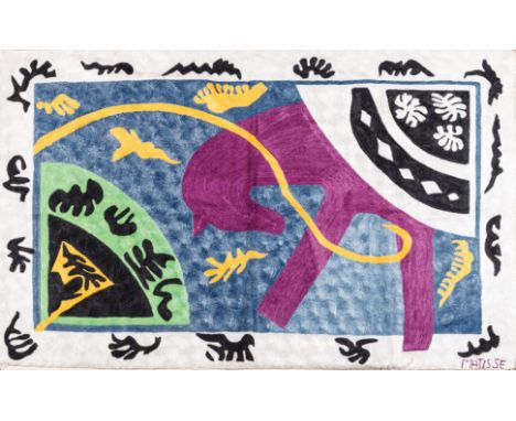 A  CONTEMPORARY  EMBROIDERED  KASHMIR TAPESTRY AFTER MATISSE rayon on handwoven on cotton, depicting the figure of a horse an