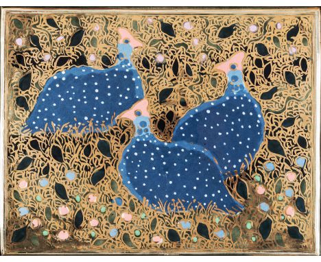 A CERAMIC 'GUINEAFOWL' LUSTRE  TILE, ESIAS BOSCH (1923 – 2010) depicting three guineafowl in a landscape, mounted on a wooden